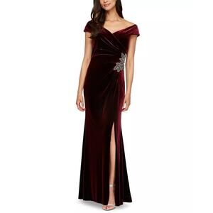 Alex Evenings Petite Velvet Off-The-Shoulder Evening Gown Wine P10